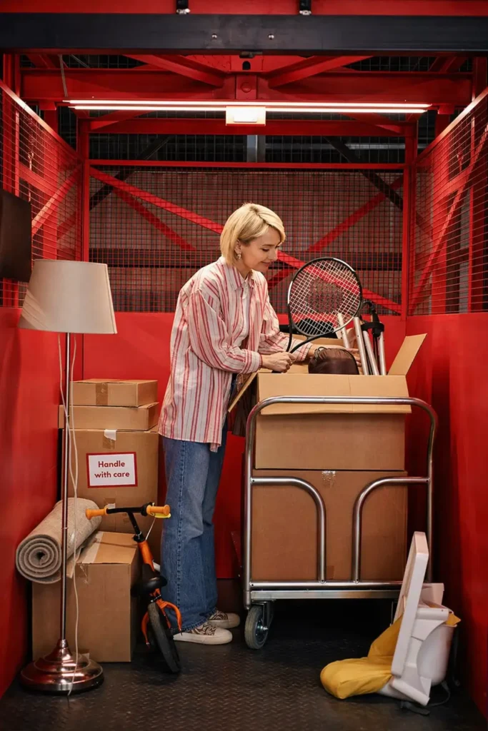 Woman with blonde hair in a striped shirt packs items into a box on a metal cart in a red storage area, surrounded by boxes and packing supplies.