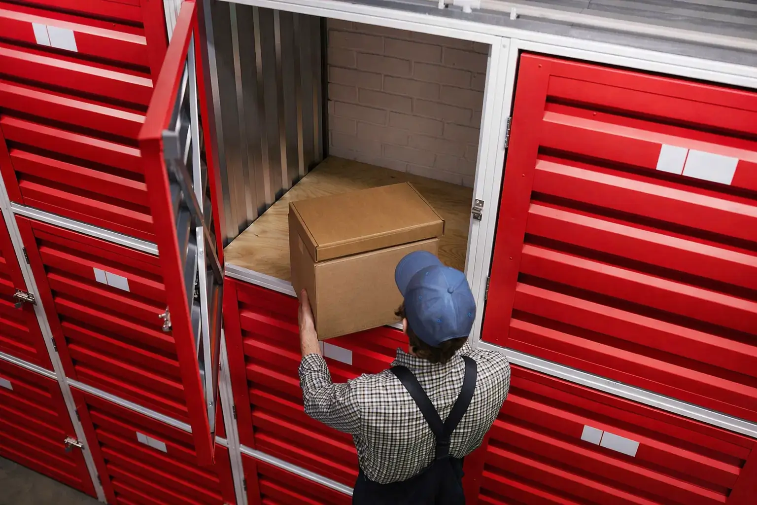 Person wearing a blue cap and checkered shirt placing a cardboard box into an open storage unit with red lockers around.