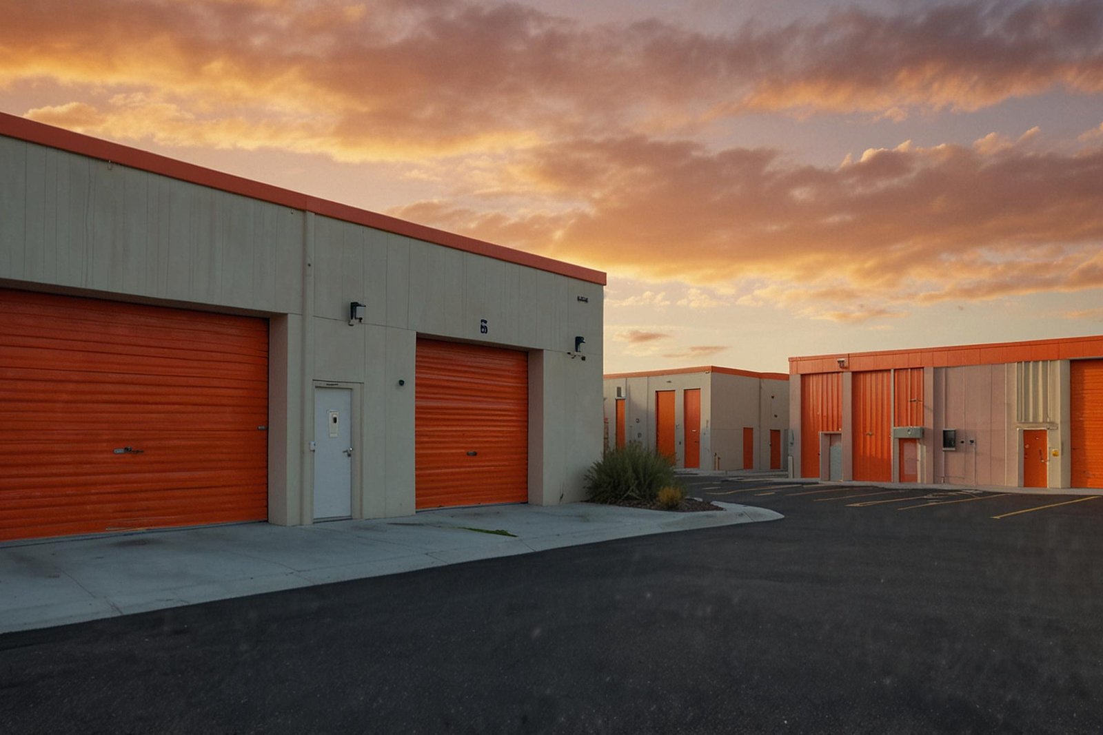 Row of beige storage units with orange roll-up doors at sunset.