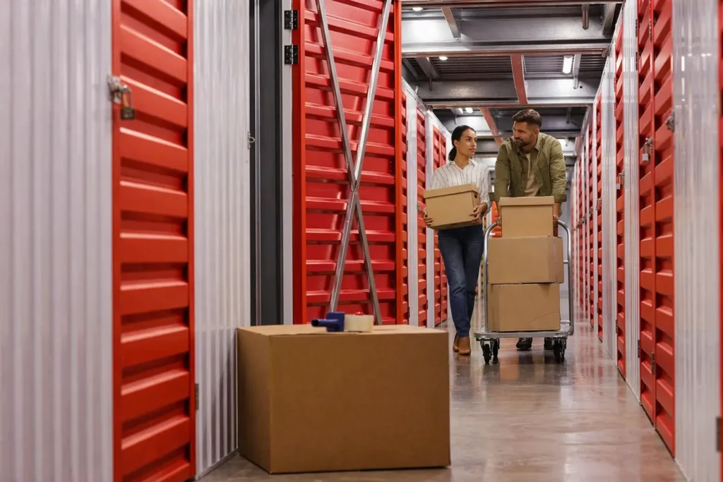 Two coworkers move cardboard boxes down a storage facility aisle with red storage unit doors behind them.