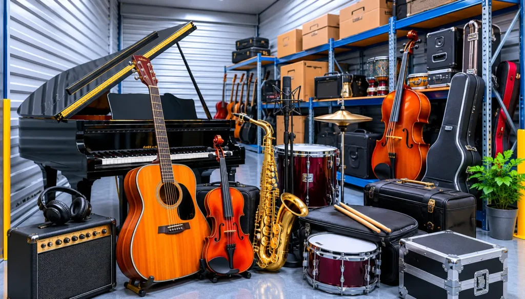Music studio/storage: grand piano, acoustic guitar, violin, saxophone, trombone, drums, and cases arranged among shelves and gear.