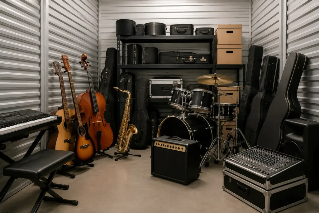 Music storage room with guitars, a cello, a saxophone, a drum set, a keyboard, amplifiers, and instrument cases on shelves.