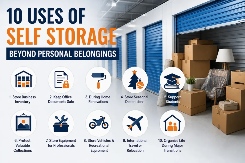 Infographic: 10 uses of self-storage beyond personal belongings, shown with icons and captions in a row of circles.
