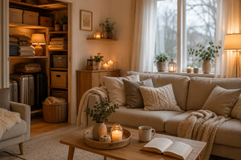 Cozy living room with a beige sofa, knitted throw, and a coffee table holding candles, a plant, and an open book; an open closet with suitcases and folded blankets on the left.