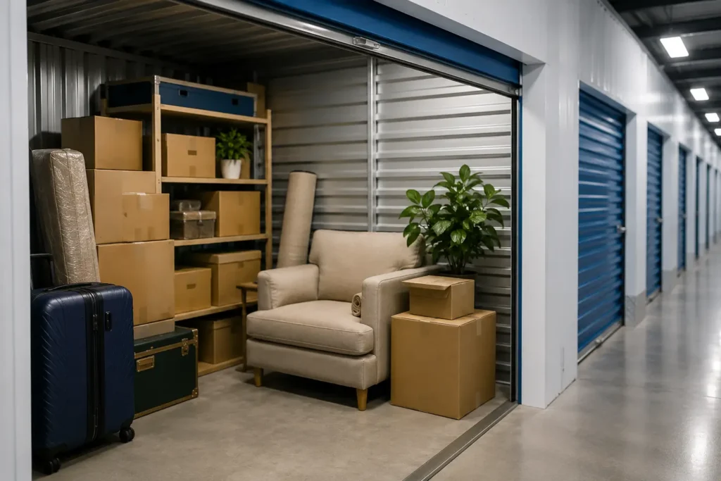 Open storage unit filled with stacked cardboard boxes, a beige armchair, a potted plant, and luggage on the floor.