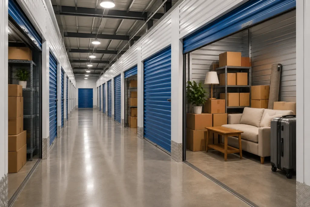 Long hallway of a self-storage facility with blue roll-up doors, cardboard boxes, and shelving; a furnished unit with sofa and coffee table visible on the right.